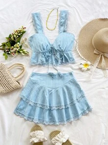 Soleia 女士度假两件套：编织波浪纹理宽肩带背心，搭配荷叶边和抽绳流苏，搭配双荷叶边蕾丝下摆迷你裙。适合派对、情人节、约会、城市街头、度假、下午茶 - 淺藍色 - 查看 5