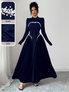 Modelyn Váy dài đính cườm màu đỏ rượu vang thanh lịch dành cho nữ, mùa đông - Xanh đậm - Xem 3