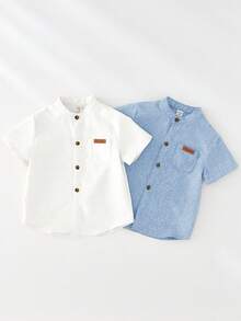 SHEIN Set de 2 camisas de manga corta con cuello mao de unicolor básico para niño, versátil y casual, adecuado para fiesta de cumpleaños, evento de noche, actuación, boda, baby shower, celebración del 1er cumpleaños - Multicolor - Ver 4