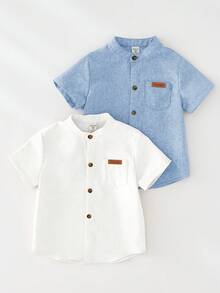 SHEIN Set de 2 camisas de manga corta con cuello mao de unicolor básico para niño, versátil y casual, adecuado para fiesta de cumpleaños, evento de noche, actuación, boda, baby shower, celebración del 1er cumpleaños - Multicolor - Ver 6