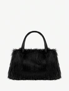 SHEIN BAE Nuevo bolso de mano de peluche para calentar las manos para mujeres, de gran capacidad, esponjoso, de moda, bolso de tote para otoño/invierno, nuevo bolso de piel de llegada, nueva moda de otoño 2025 para mujeres, nuevo bolso de piel de llegada para mujeres - Negro - Ver 1