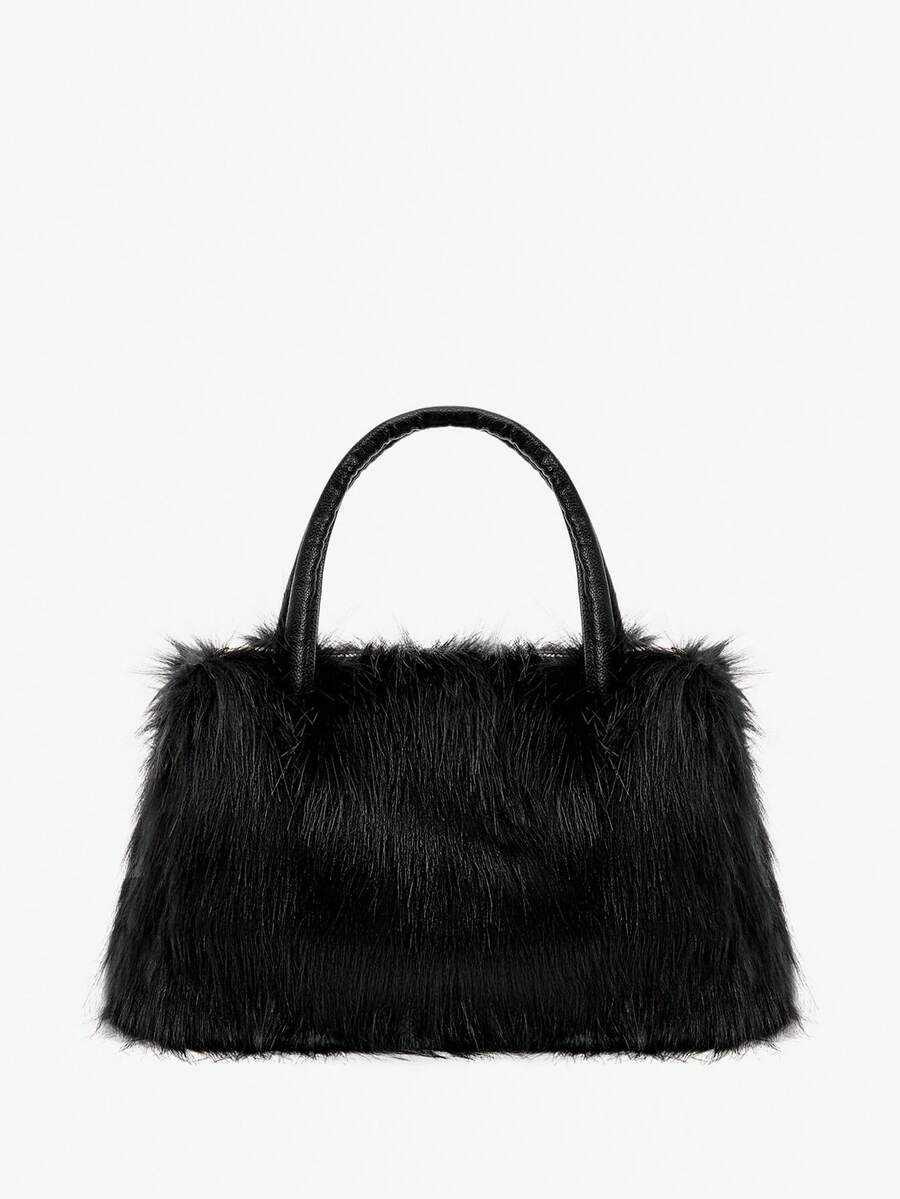 SHEIN BAE Nuevo bolso de mano de peluche para calentar las manos para mujeres, de gran capacidad, esponjoso, de moda, bolso de tote para otoño/invierno, nuevo bolso de piel de llegada, nueva moda de otoño 2025 para mujeres, nuevo bolso de piel de llegada para mujeres - Negro - Ver 1