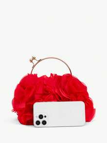 SHEIN BAE Women Elegant Floral Pleated Satin Evening Clutch Party Bag Purse Handbag– Chic Chiffon Petal Handbag With Chain Strap, Perfect For Bride, Weddings, Proms, Sorority Formals, Graduation Parties, Spring Galas, Weddings, Cocktail Events, And Special Occasions (Random Pattern) - Red - View 5