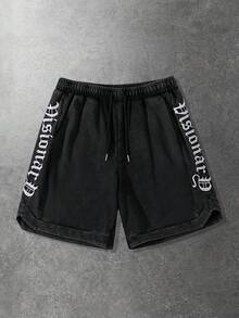 ROMWE MEN Men's Letter Embroidery Pattern Drawstring Waist Casual Washed Shorts Spring/Summer - Black - View 2