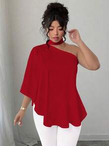 SHEIN Elenzya 大码女式斜肩系带纯色衬衫 - 紅色 - 查看 4