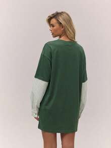 MUSERA Đầm thun ngắn tay kẻ sọc dáng rộng nhiều lớp, phong cách cổ điển, dễ thương, đồng quê, nhà tranh, thích hợp mặc đi học, màu vàng bơ. - Màu xanh lá cây đậm - Xem 4