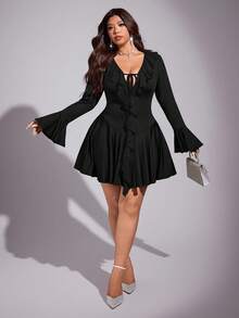 Viva Relle Elegant Waist Cinching Ruffle Hem Tie Front Plus Size Dress - Black - View 3