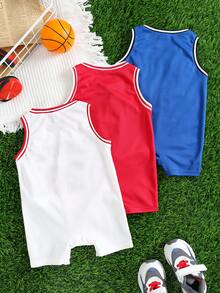 SHEIN 3件套新生儿男宝宝夏季休闲可爱字母印花撞色无袖连体衣短裤运动套装 - 彩色 - 查看 2