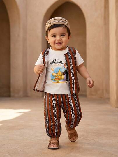 0-3 Years Baby Boy/Girl Unisex Infant Toddler Outfit: White Knit Crew Neck Short Sleeve Cartoon Boy Graphic T-Shirt, Elastic Waist Striped Woven Pants, And Striped Woven Vest, Suitable For Casual Activities, Festivals, Evening Events, Spring/Summer Outdoor Leisure Baby Boy Outfit Toddler/Infant Unisex Summer Arab Baby Clothes Baby Boy Outfit Baby Boys Baby Arabic Clothing Baby Boy Party Baby Boy Arab Dress Baby Boy Party Wear Baby Boy Party Wear Arabic Dishdasha, Islamic Clothing