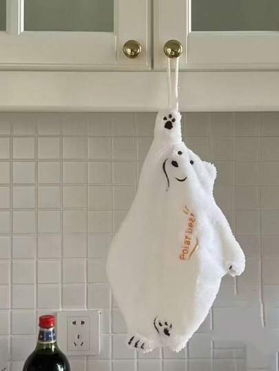 Zazumi 北极熊图案厨房浴室用手巾，超强吸水珊瑚绒毛巾，带挂环，速干装饰动物图案毛巾