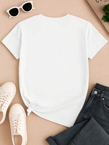 Playera Estampada de Mujer con Corazones Aperlados Modernos y Brillantes, estilo Juvenil Casual Playero Californiano - Blanco - Ver 2