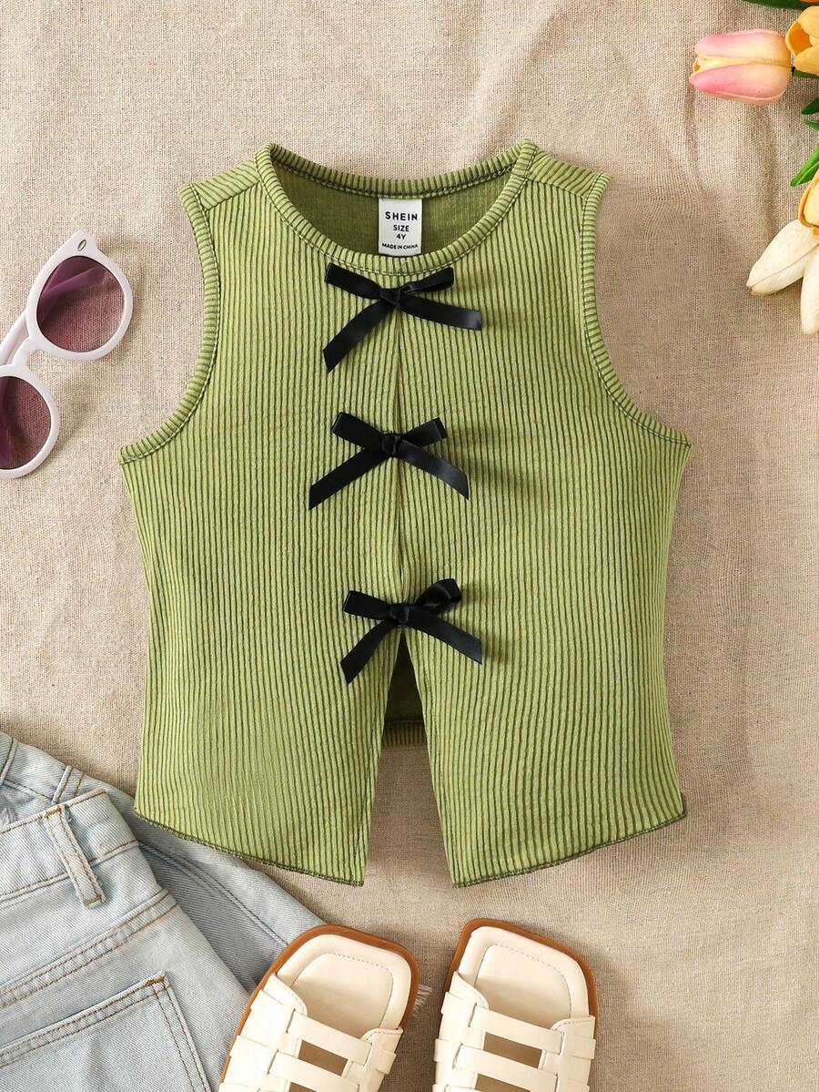 Young Girl Solid Color Round Neck Asymmetrical Hem Fitted Top - Olive Green - View 1