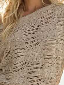 EMERY ROSE 女士镂空罗纹圆领插肩袖套头毛衣，时尚休闲，适合春、夏、秋、冬四季穿着。 - 杏色 - 查看 5