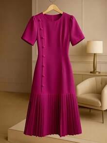 GlowEve CURVE Plus Size Solid Color Pleated Round Neck Elegant Short Sleeve Dress