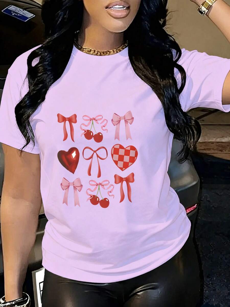 Ropa de mujer casual de manga corta, camiseta impresa, cuello redondo, ropa de mujer casual de verano elegante y cómoda - Morado - Ver 1