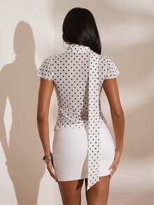 Opulessa Vacation Knit Mesh Polka Dot Print Fitted Women Shirt Club Outfits, Date, Night Out,Vacation ,Beach OutfitsSexy Elegant Party,Graduation,Prom,Going Out Outfit,Spring To Summer, Valentine's Day, Carnival Costume, Elegant Top For Party, Beach Outfit, Wedding Guest Top, Summer Vacation Outfits,Casual Top, Pokadot Top, Tie Up Shirt - White - View 4