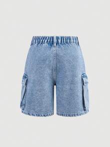 SHEIN Girlism Shorts vaqueros rectos holgados con bolsillo lateral para niña preadolescente, estilo Y2K para primavera-verano, concierto de verano - Azul lavado medio - Ver 2