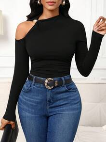 SHEIN Lady Women's Fashionable Off-Shoulder Solid Color T-Shirt, Suitable For Commuting, Autumn Black Tops Women Long Sleeve Tops One Shoulder Top Fitted Tops Women Sexy Black Tops - Black - View 6