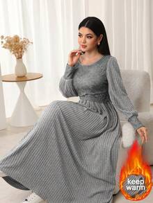 Seusyu Lace Patchwork Knitted Long Sleeve Flared Hem Arabic Style Dress For Women - Dark Grey - View 1