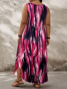 SHEIN CURVE+ 大码无袖圆领彩色抽象印花长裙，曲线加大码，Hoho Vacation，女士夏季服装，女士沙滩装/沙滩裙/沙滩度假装/沙滩必备/毕业典礼/下午茶派对连衣裙 - 彩色 - 查看 5