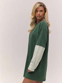 MUSERA Đầm thun ngắn tay kẻ sọc dáng rộng nhiều lớp, phong cách cổ điển, dễ thương, đồng quê, nhà tranh, thích hợp mặc đi học, màu vàng bơ. - Màu xanh lá cây đậm - Xem 3