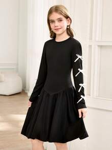 SHEIN 女童长袖白色蝴蝶结简约优雅休闲黑色翻领连衣裙，适合外出、上学、通勤，可搭配外套、夹克、风衣。 - 黑色 - 查看 3