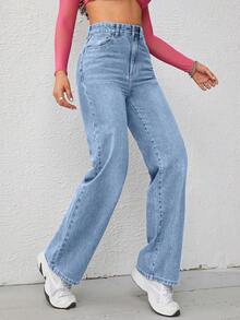 SHEIN EZwear 女士宽松直筒加厚口袋牛仔裤，适合感恩节和圣诞节穿着，休闲百搭。 - 中等水洗藍 - 查看 6