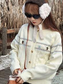 DAZY 少女休闲纽扣毛衣 - 米色 - 查看 1