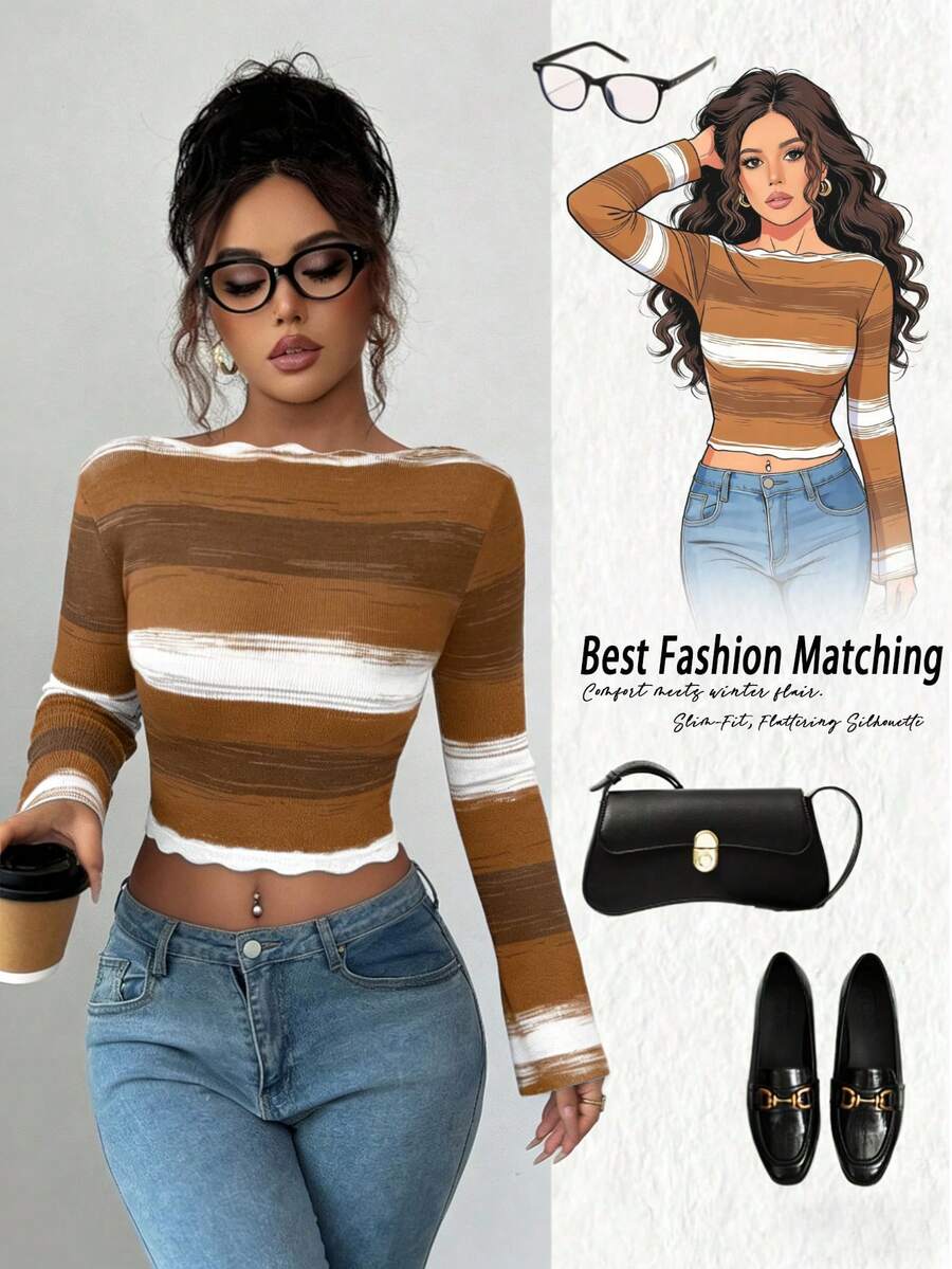 Elenzga Elegante Suéter Ajustado com Mangas Flare Ombré, Outono/Inverno - Café - Visão 1