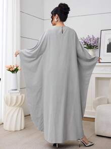 Al Najma 女士优雅宽松时尚褶皱荷叶边刺绣串珠流苏亮片网纱连衣裙，适合日常穿着、约会、通勤，阿拉伯风格 - 灰色 - 查看 2