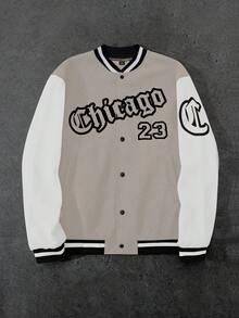 Manfinity Campus Court Men Loose Fit Letter Graphic Two Tone Varsity Jacket Without Hoodie Mens Street Wear Zip Up Designer Hoodies Men Letterman Jacket Men Mens Varsity Jacket Mens Letter Graphic Print Zip Up Hoodie - Khaki - View 3