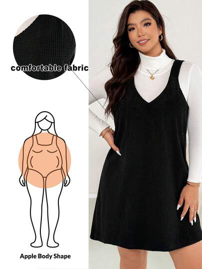 Shapeblank 大码女装秋冬时尚休闲宽松舒适日常基本款百搭灯芯绒保暖黑色背心裙，秋季服装，舒适女装秋冬装，冬装，简约风格