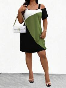 Plus Colorblock Cold Shoulder Tee Dress For Summer