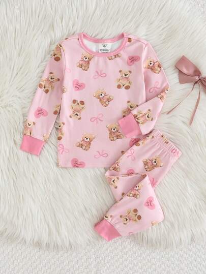 THE HAPPY LOOK Conjunto de pijama de 2 piezas con top de manga larga de cuello redondo suave de punto con estampado de oso de dibujos animados y pantalones largos de cintura elástica ajustados para niña