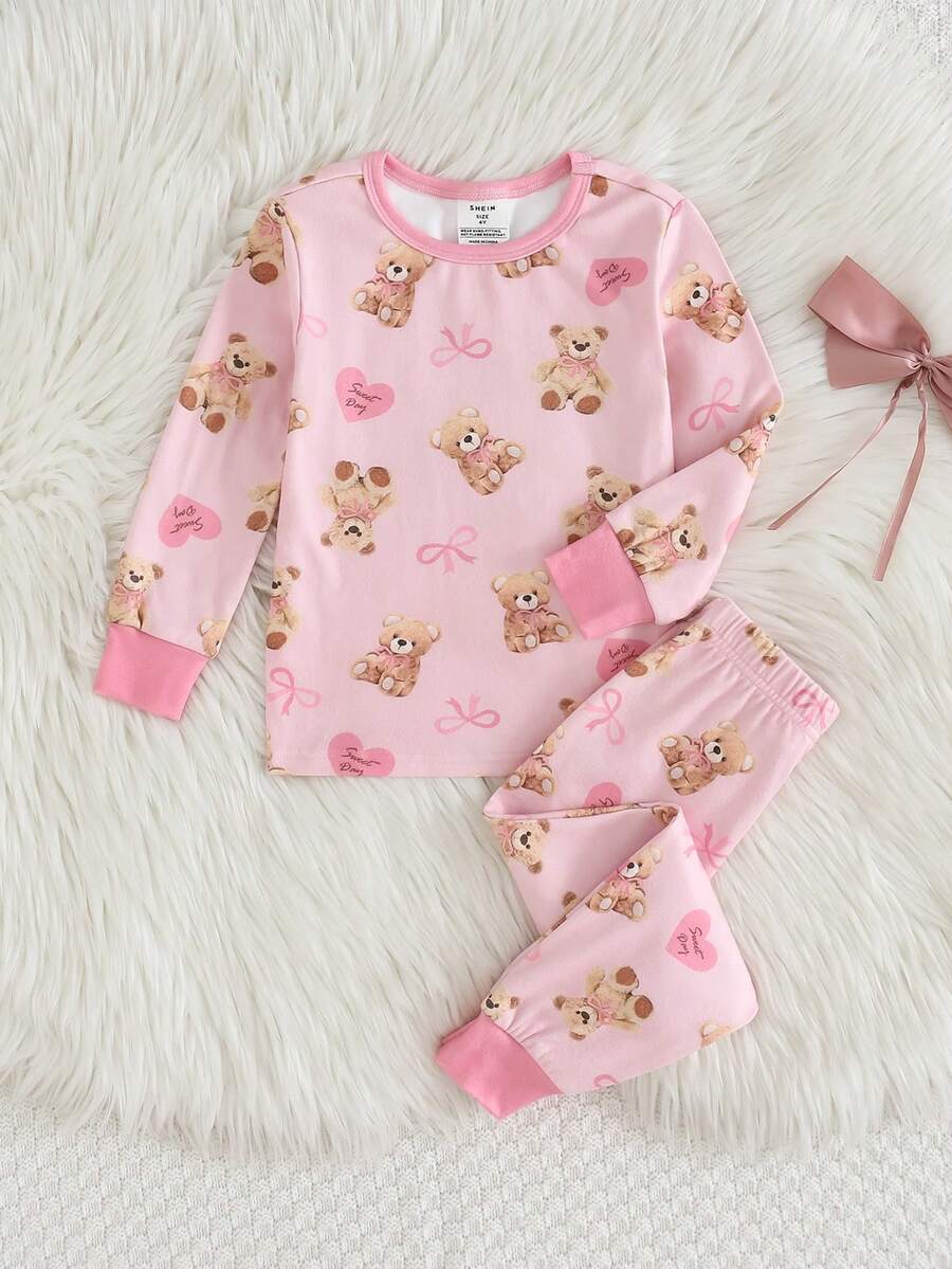THE HAPPY LOOK 女童卡通熊图案针织柔软圆领长袖上衣和松紧腰长裤贴身两件套睡衣 - 彩色 - 查看 1