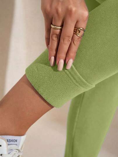 SHEIN LUNE Plus Size Women Solid Color Elastic Waist Casual Thermal Lined Leggings Knit Pants Green Pants For Women Lime Green Pants Green Clothes Green Leggings Women