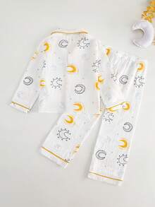 2 delar långärmade byxor för småbarn, vit kofta med färgglatt stjärn- och månetryck, bekväma bomullskläder för vardagsbruk, vår och höst - Vitt - Visa 5