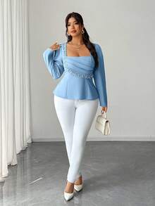 Elenzga Blusa elegante y romántica de manga larga, cuello cuadrado, cintura ceñida y decoración de perlas para mujer talla grande, para primavera/otoño - Azul - Ver 5