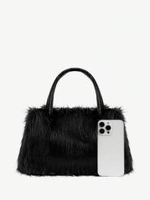 SHEIN BAE Nuevo bolso de mano de peluche para calentar las manos para mujeres, de gran capacidad, esponjoso, de moda, bolso de tote para otoño/invierno, nuevo bolso de piel de llegada, nueva moda de otoño 2025 para mujeres, nuevo bolso de piel de llegada para mujeres - Negro - Ver 3