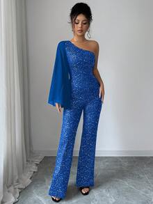 Elenzga 1pc Women's Asymmetric Polka Dot Glitter Jumpsuit With Bell Sleeves, Party Wear - Blue - View 5