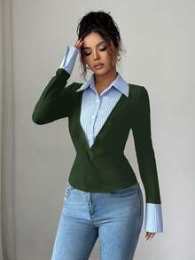 SHEIN Unity 女款優雅拼接條紋收腰長袖上衣 - 墨綠色 - 查看 5