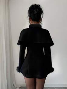 SHEIN Elenzya Elegant Women's Casual Commuter Jacket, Apricot Faux Fur Collar Long Sleeve A-Line Design With Double-Breasted Butterfly Pocket Flap, Suitable For Business Meetings, Weddings, Galas, Commuting, Graduations, Holidays, Dates, Parties - Black - View 2