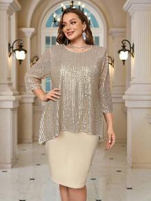 EMERY ROSE 大码亮片拼接圆领优雅奢华连衣裙 - 香檳色 - 查看 6