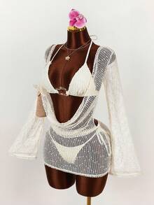 Amplova Conjunto de biquíni feminino sexy com decote profundo, 3 peças - Top, calcinha e saída de praia. - Damasco - Ver 10