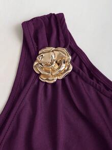 Sweetra 女士秋冬咖啡色金属花朵装饰无袖上衣和鱼尾裙两件套 - 紫色 - 查看 4