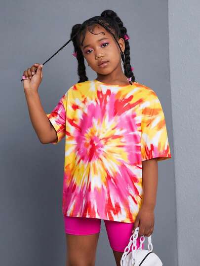 SHEIN Tween Girl Casual Simple Tie-Dye Loose Round-Neck Short Sleeve T-Shirt And Cycling Shorts Set Summer Outfits