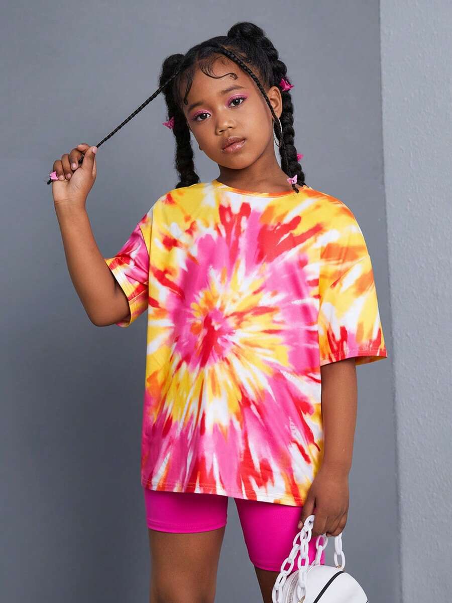 SHEIN Tween女孩休閒簡約印花寬鬆圓領短袖T恤和騎行短褲套裝 - 玫紅色 - 查看 1