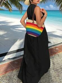 INAWLY Solva Sleeveless Solid Color Zipper Dress, Minimalist & Fashionable For Summer - Black - View 2