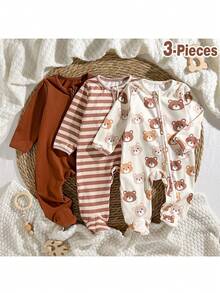 Loomiva Newborn Baby Boy 3 Packs Bear & Striped Pattern Round Neck Long Sleeve Zip Front Soft & Cozy Footie Jumpsuits - Multicolor - View 6