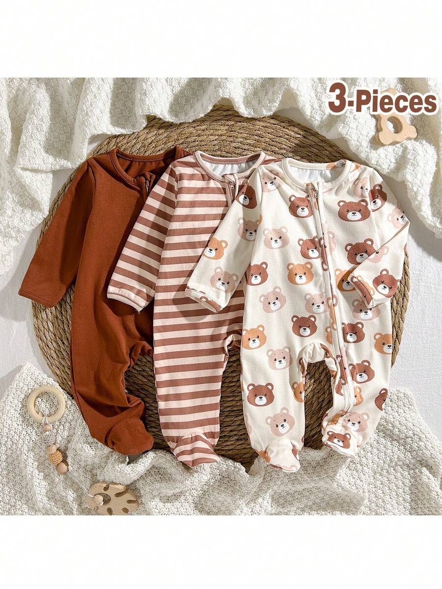 Loomiva 新生男婴3件装小熊条纹图案圆领长袖拉链前开襟柔软舒适连体衣 - 彩色 - 查看 1